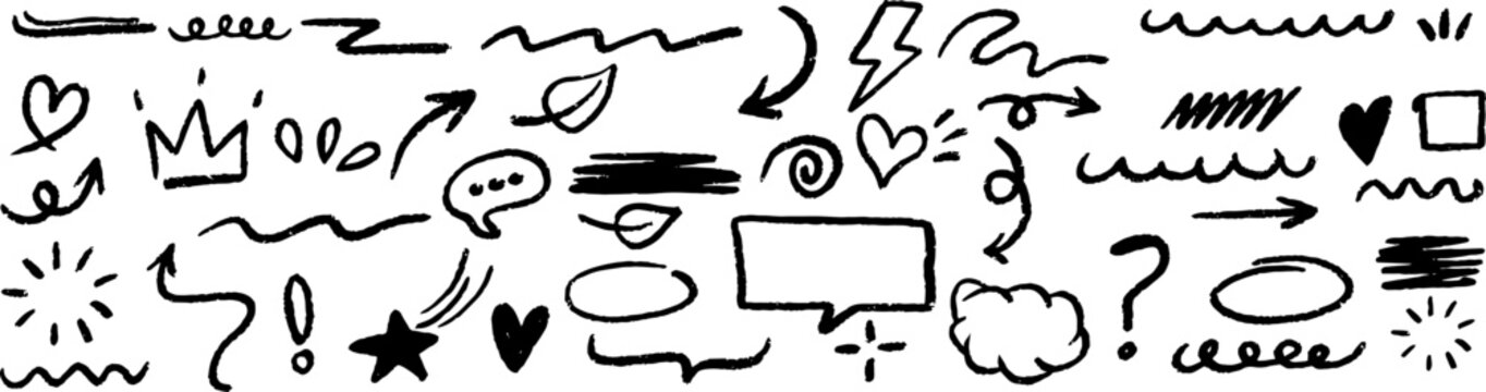 Marker line brush arrow and underline highlight scribble set with marker pen hand drawn stroke sketch element shape graphic doodle circle frame icons on transparent background vector illustration