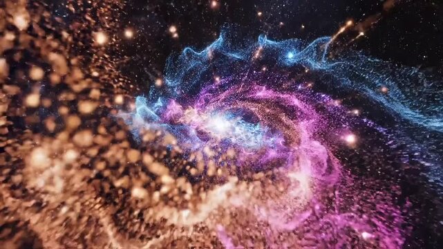 Nebula swirl displays vibrant purple and blue cosmic gases spiraling through the vast darkness of deep space.