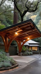 Obraz premium Modern wood carport over light concrete slab leading to a stone house surrounded by olive trees at sunset