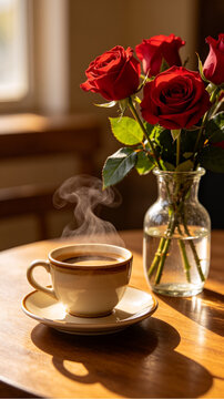 a cup of coffee with milk next to a vase of flowers on the table