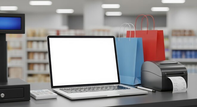 Open laptop with blank screen next to colorful shopping bags on a store counter