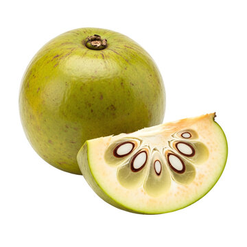 Whole and sliced green fruit showing seeds on light background.