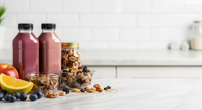 Pink smoothie bottles and jars filled with nuts and dried fruits on a marble countertop with white tile backsplash