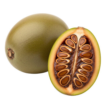 Whole and sliced monk fruit luo han guo on transparent layer.
