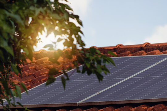 Solar Panel Array on Residential Roof with Sun Flare