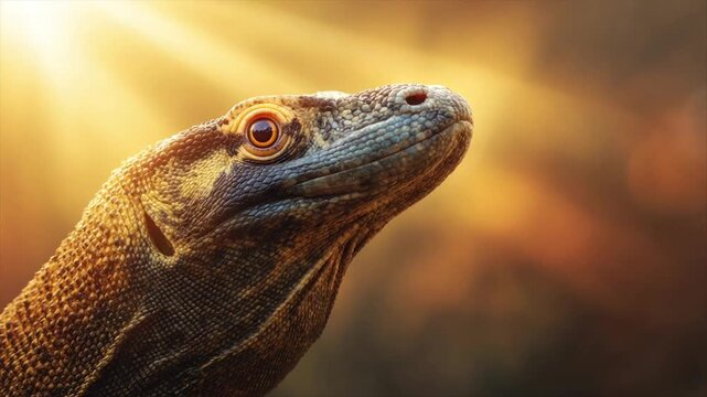 Close-up of a lizard's head bathed in golden light, showcasing textures