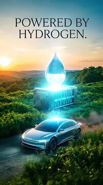 Modern vehicle demonstrating clean hydrogen energy powering, environmental green technology utilization, sustainable future mobility solution, innovative fuel cell system.