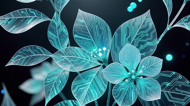 Abstract 4K stock footage of glowing digital nature: transparent leaves and flowers made of flowing cyan circuit patterns and data streams