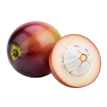 Whole and sliced purple star apple fruit isolated on backing.