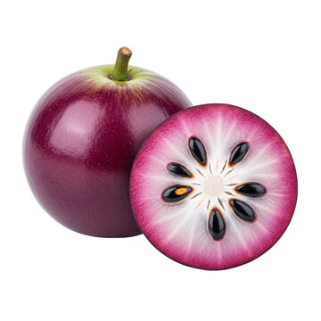 Whole and sliced purple star apple fruit isolated on a white.