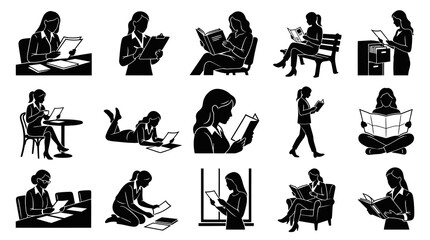 Fototapeta premium Businesswoman Reading Silhouette Set: Education, Work, Office, Study