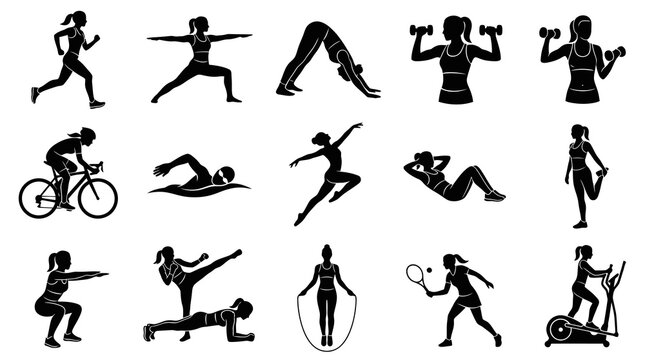 Fitness and Sports Female Activities Vector Silhouettes Icons Collection - Health  Exercise Black  White Glyph Set