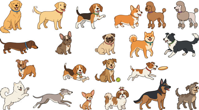 Cute cartoon dog breeds character collection featuring active domestic puppies running playing catching frisbees sitting and standing for pet shop illustrations