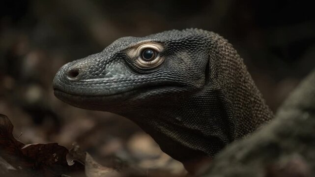 A close-up portrait of a Komodo dragon's head, showing scales and eye detail