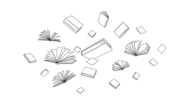 Several open books and pages floating dynamically in space