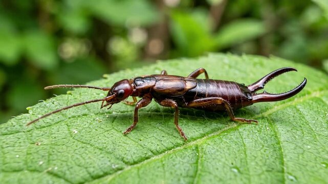 Earwig on a green leaf with pincers, garden pest insect macro