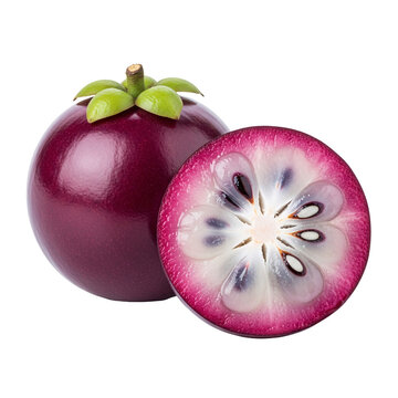 Whole and sliced purple star apple fruit isolated transparent.