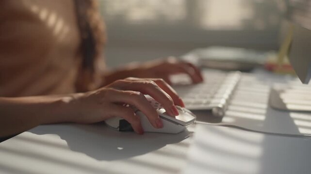 Woman's manicured hands working on a desktop computer, typing on the keyboard and using the mouse at a sunlit desk in a modern office, showcasing a focused and productive work environment