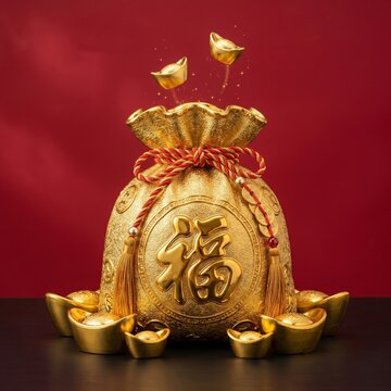 A golden lucky money bag brimming with ingots representing prosperity wealth and the promise of good fortune ahead.