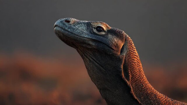 Close-up of a reptile's head and neck against a blurred, golden-toned background