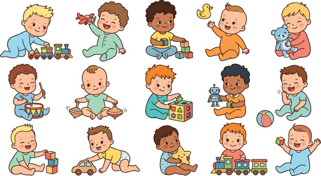 Happy multiethnic toddler boys character bundle playing with educational sorting cubes, toy trains, wooden cars, airplanes, drums, and stuffed animal plushies