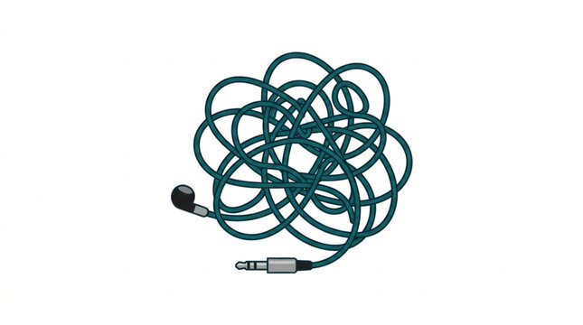 Tangled green earphone cable with audio jack isolated on white background.