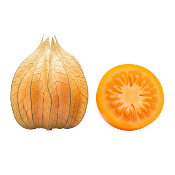 Whole golden physalis and fruit half on transparent ground.