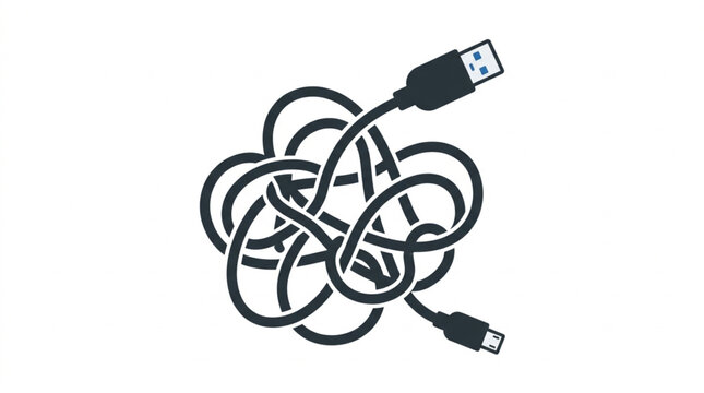 Tangled USB cable with connectors on white background.
