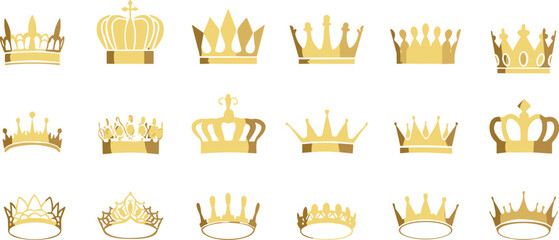 Collection of various golden crowns and royal tiaras in flat design isolated on white background for design elements © MdMamunur