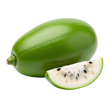Whole green papaya fruit and slice isolated on clear canvas.