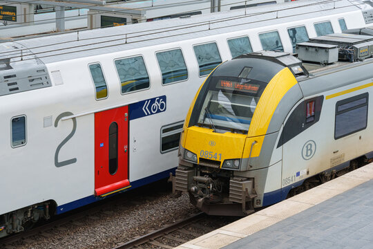 Liege, Belgium - June 17 2026: Belgian Rail train waits at the platform in Liege-Guillemins station