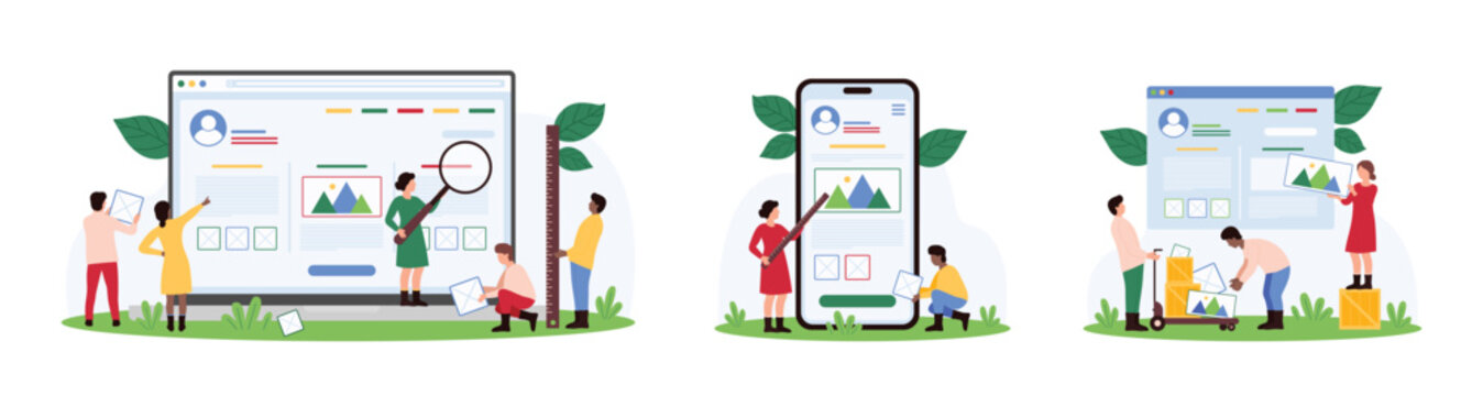 Website design making process set. Tiny people build webpage or mobile app UI in editor, update and redesign interface, hold visual tools for template wireframe creation cartoon vector illustration