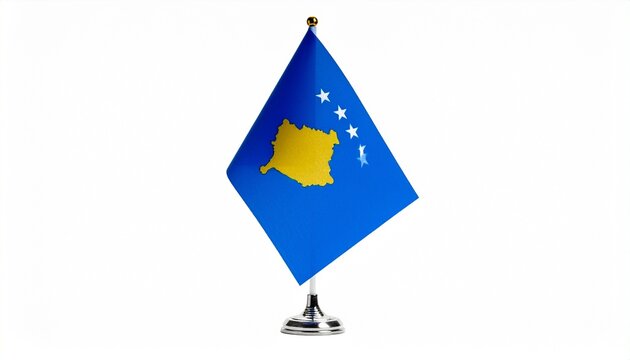 Kosovo desk flag with blue field, golden map, and six white stars, symbolizing sovereignty, identity, and national representation.