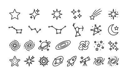 Star icon set with constellations and galaxy symbols in minimal line vector style for space and astronomy design © Md Monirul