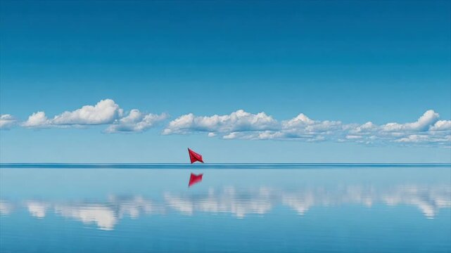 A red flag flies over calm waters, mirrored by clouds in a bright blue sky