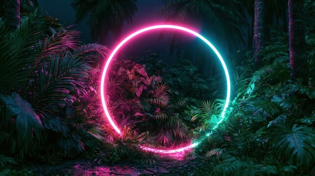 Neon circle in a lush jungle at night