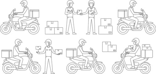 Fototapeta premium Delivery service line icon set featuring couriers riding motorcycles and handing over parcel boxes.
