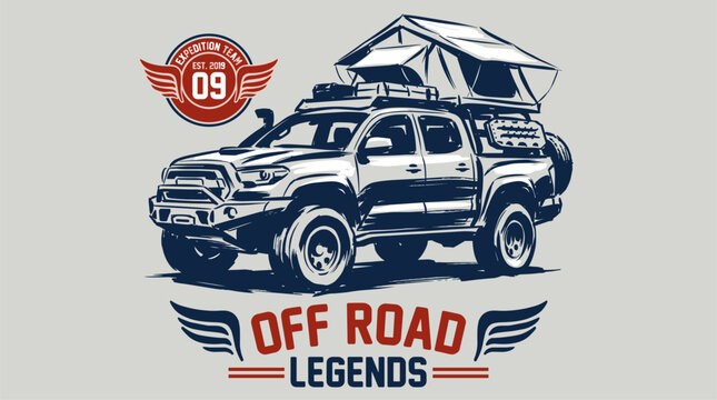 Off road legends adventure. Expedition team truck design. 4x4 camper vintage artwork.