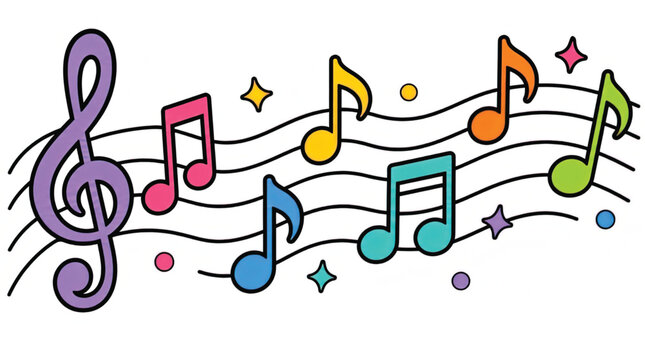 Colorful music notes and symbols.