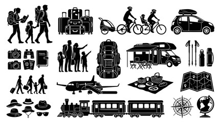 Obraz premium Black White Silhouette Travel and Tourism Icons Set: Vacation, Adventure, Transport, People, Luggage Glyphs