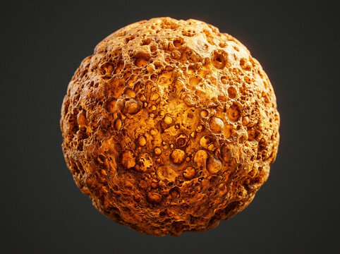 Abstract three dimensional sphere featuring complex cratered surface texture resembling rocky planetoid terrain with golden warm lighting isolated against dark neutral background for digital design.