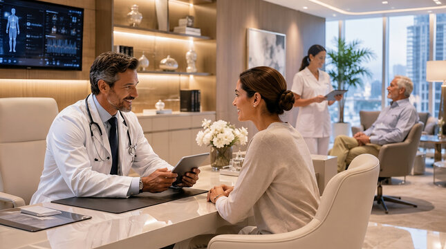 Luxury health and wellness clinic reception area with friendly receptionist assisting a female client.
