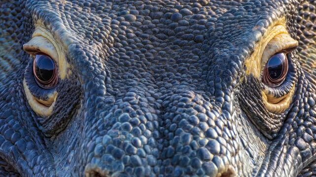 Close-up of a reptile's face, featuring textured skin and striking eyes