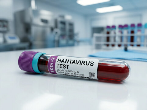 Hantavirus test sample blood tube in clinical laboratory on white table with medical equipment background, diagnostic laboratory testing for rodent borne viral infections and zoonotic disease.