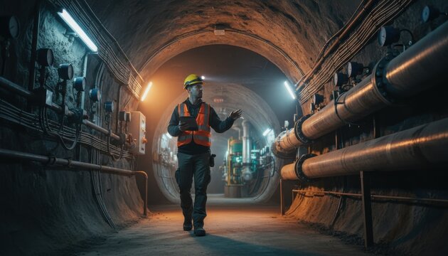 Professional civil engineer inspecting a large subterranean utility tunnel and underground pipeline facility