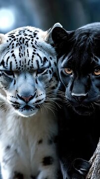 Majestic wild predators, a snow leopard and a black panther, portraying nature's striking contrast, powerful feline gaze, wildlife diversity