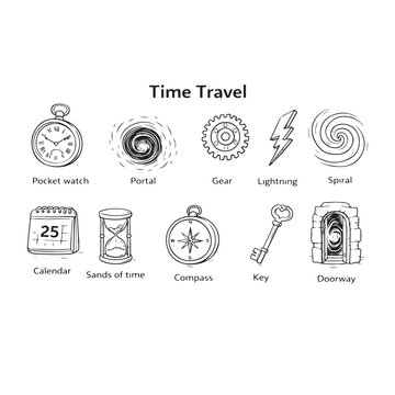 Time travel concept icons, portal, gear, pocket watch, calendar, key