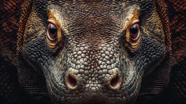 Close-up of reptile head textured skin, intense eyes, and nostril detail