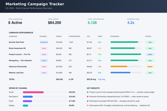Marketing Campaign Tracker Template &mdash; Multi-Channel Performance Dashboard with ROAS and Spend Breakdown