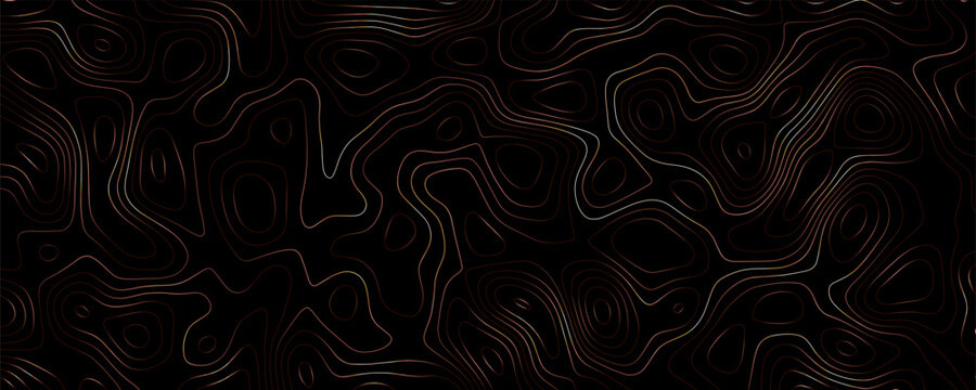 Topographic map contour lines in copper and gold, abstract wavy linear pattern on a black background